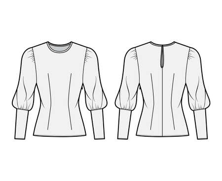 Blouse technical fashion illustration with round neckline, puffy mutton sleeves, fitted body. Flat apparel template front, back grey color. Women, men unisex CAD garment designer mockupのイラスト素材