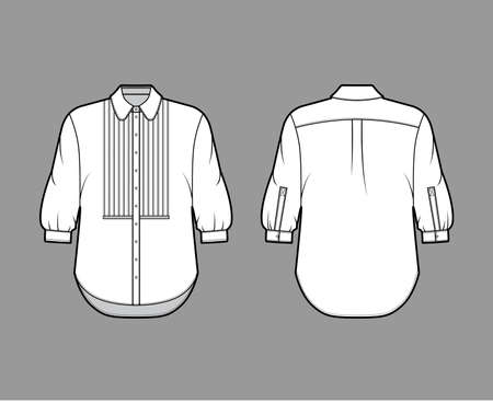 Shirt technical fashion illustration with bib, button down front opening, round collar, elbow sleeves with cuff, oversized body. Flat apparel template front back white color. Women, men unisex mockupのイラスト素材