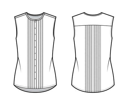 Pintucked blouse technical fashion illustration with crew neck, sleeveless, oversized body, front button fastenings. Flat apparel shirt template front, back, white color. Women men unisex top CADのイラスト素材