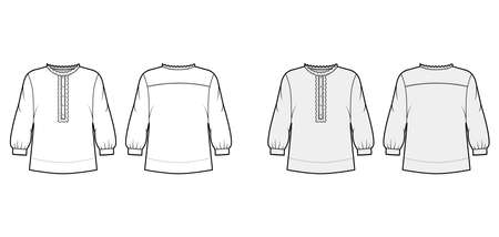 Shirt technical fashion illustration with oversized body, concealed button fastenings along front, ruffles, cropped sleeves. Flat apparel template front, back, white color. Women, men unisex mockupのイラスト素材