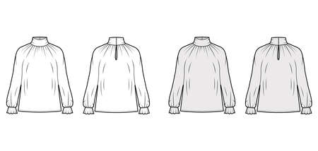 Turtleneck blouse technical fashion illustration with long sleeves, flouncy ruffled cuffs, oversized body. Flat apparel template front, back, white grey color. Women men unisex garmentのイラスト素材