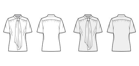 Pussy-bow blouse technical fashion illustration with oversized body, loose fit, short sleeves. Flat apparel template front, back, grey and white color. Women, men and unisex mockup CAD for designerのイラスト素材