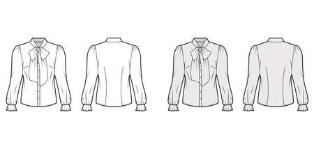 Pussy-bow blouse technical fashion illustration with long blouson sleeves, flouncy ruffled cuffs, fitted body. Flat apparel shirt template front, back, white grey color. Women men unisex garment CADのイラスト素材