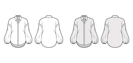 Shirt technical fashion illustration with collar stand, dropped long puff sleeves, oversized body. Flat apparel blouse template front, back, white and grey color. Women men and unisex CAD mockupのイラスト素材