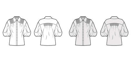 Shirt technical fashion illustration with elbow puff sleeves, oversized body, pintucks, front button fastenings. Flat apparel blouse template front, back grey white color. Women men unisex top garmentのイラスト素材