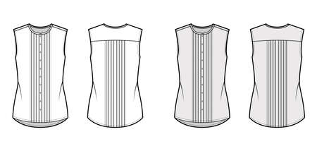 Pintucked blouse technical fashion illustration with crew neck, sleeveless, oversized body, front button fastenings. Flat apparel shirt template front, back, white grey color. Women men unisex top CADのイラスト素材