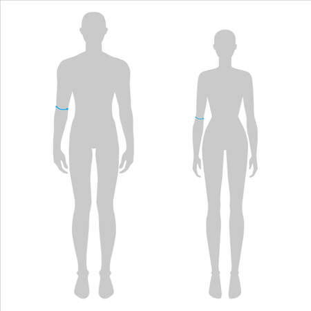Women and men to do elbow measurement fashion Illustration for size chart. 7.5 head size girl and boy for site or online shop. Human body infographic template for clothes.のイラスト素材