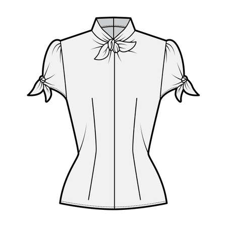 Knotted cutout blouse technical fashion illustration with high neckline, puffed volume sleeves, back zip fastening. Flat apparel template front, grey color. Women men unisex garment CAD mockupのイラスト素材