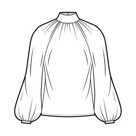 High-cut neck blouse technical fashion illustration with long bishop sleeves, loose fit, button-fastening keyhole at back. Flat apparel top template front, white color. Women men, unisex shirt CADのイラスト素材