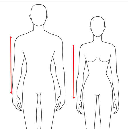 Women and men to do sleeve length measurement fashion Illustration for size chart. 7.5 head size girl and boy for site or online shop. Human body infographic template for clothes.のイラスト素材
