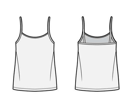 Camisole top technical fashion illustration with oversized body, bonded strap scoop neck. Flat cami shirt apparel template front, back, grey color. Women, men unisex CAD mockupのイラスト素材