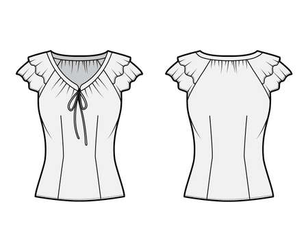 Blouse technical fashion illustration with ties at the V neckline, fluttery ruffles short sleeves, fitted body. Flat apparel template front, back grey color. Women, men, unisex CAD garment mockupのイラスト素材