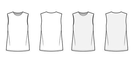 Basic blouse technical fashion illustration with oversized body, round neck, sleeveless, tunic length. Flat shirt apparel template front, back, white and grey color. Women, men unisex top CAD mockupのイラスト素材