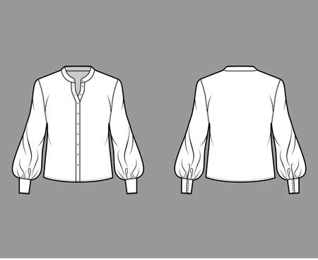 Blouse technical fashion illustration with curved mandarin collar, long bishop sleeves with cuff, oversized body. Flat apparel shirt template front back, white color. Women, men, unisex top CAD mockupのイラスト素材