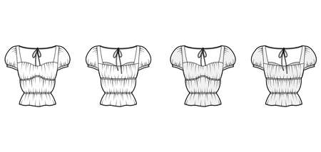 Shirt technical fashion illustration with oversized body, concealed button fastenings along front, ruffles, cropped sleeves. Flat apparel template front, back, white color. Women, men unisex mockupのイラスト素材