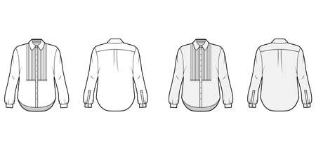 Shirt technical fashion illustration set with bib, button down front opening, round collar, cuff long sleeves, oversized body. Flat apparel template front back grey white color. Women, men unisex CADのイラスト素材