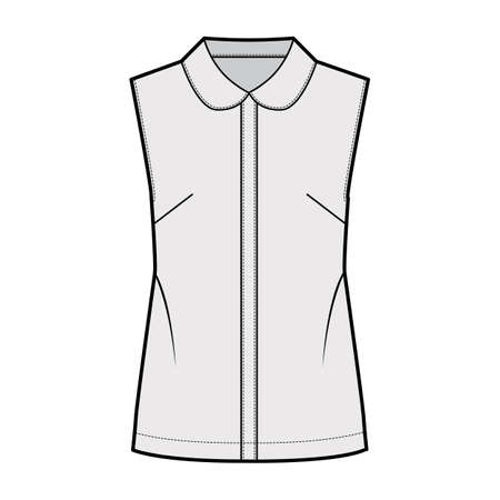 Blouse technical fashion illustration with round collar, sleeveless, loose silhouette, front button fastenings. Flat shirt apparel template front, grey color. Women, men unisex top CAD mockupのイラスト素材