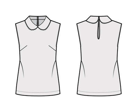 Blouse technical fashion illustration with loose silhouette, sleeveless, round collar trimmed with scalloped lace. Flat shirt apparel template front back grey color. Women, men unisex top CAD mockupのイラスト素材