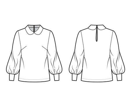 Long bishop sleeve blouse technical fashion illustration with round collar, back button-fastening keyhole. Flat shirt apparel template front, back white color. Women, men unisex top CAD mockupのイラスト素材