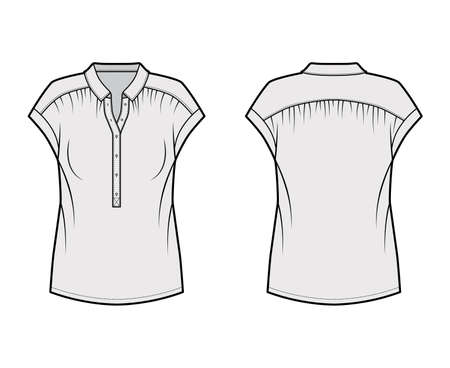 Henley top technical fashion illustration with loose silhouette, regular colar, sleeveless, gentle pleats. Flat blouse apparel template front, back grey color. Women, men unisex shirt CAD mockupのイラスト素材