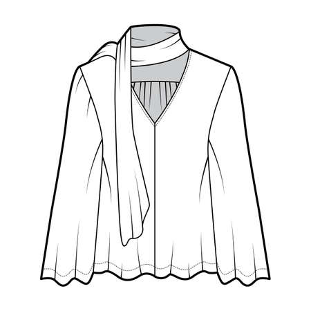 Pussy-bow blouse technical fashion illustration with baby doll body, deep V-neck, long circle sleeves tunic. Flat shirt apparel template front white color. Women, men unisex top CAD mockupのイラスト素材