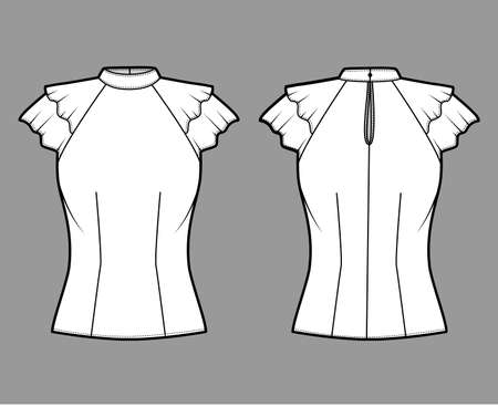 Blouse technical fashion illustration with high neckline banded collar, fluttery ruffles short sleeves, fitted body. Flat apparel template front, back white color. Women men unisex CAD garment mockupのイラスト素材