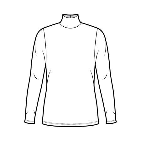 Turtleneck jersey sweater technical fashion illustration with long sleeves, oversized body, tunic length. Flat outwear apparel template front white color. Women men unisex shirt top CAD mockupのイラスト素材