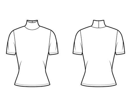 Turtleneck jersey sweater technical fashion illustration with short sleeves, close-fitting shape. Flat outwear apparel template front, back white color. Women, men, unisex shirt top CAD mockupのイラスト素材