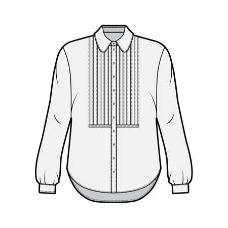 Shirt technical fashion illustration with bib, button down front opening, round collar, long sleeves with cuff, oversized body. Flat apparel template front grey color. Women, men unisex CAD mockupのイラスト素材