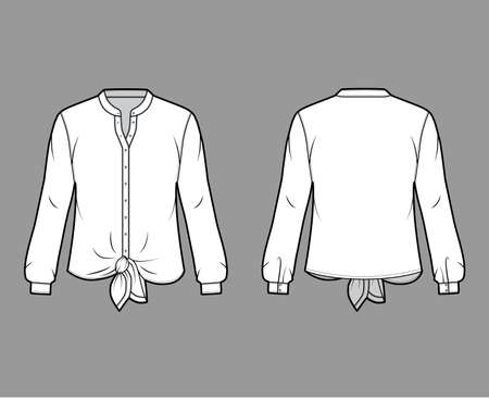 Shirt technical fashion illustration with curved mandarin stand collar, long sleeves, tie hem, oversized body. Flat apparel blouse template front back white color. Women, men and unisex top CAD mockupのイラスト素材