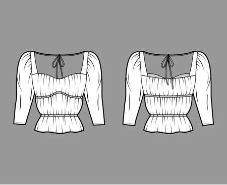 Shirt technical fashion illustration with oversized body, concealed button fastenings along front, ruffles, cropped sleeves. Flat apparel template front, back, white color. Women, men unisex mockupのイラスト素材