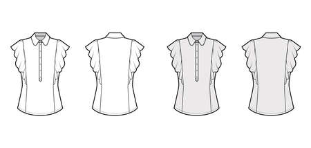 Shirt technical fashion illustration with fitted body, round collar, front button henley, ruffled sleeves. Flat blouse apparel template front, back, white grey color. Women, men, unisex top CAD mockupのイラスト素材