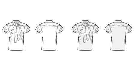 Pussy-bow blouse technical fashion illustration with oversized body, loose fit, short bubble sleeves. Flat apparel shirt template front, back, white and grey color. Women, men and unisex mockup CADのイラスト素材