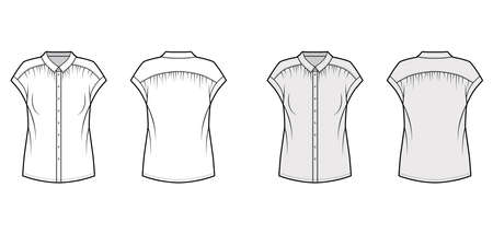 Gentle pleats shirt technical fashion illustration with loose silhouette, regular colar with stand, sleeveless. Flat blouse apparel template front, back white grey color. Women, men unisex top mockupのイラスト素材