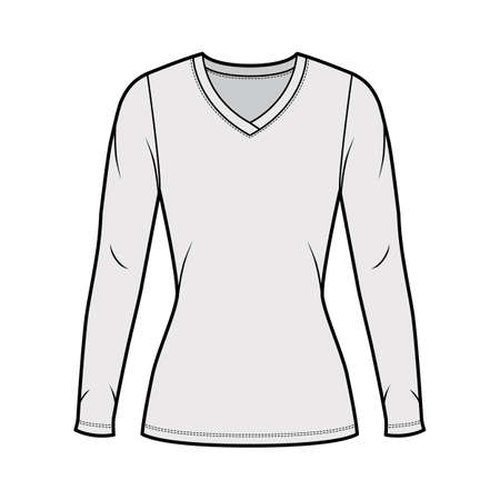 V-neck jersey sweater technical fashion illustration with long sleeves, close-fitting shape, tunic length. Flat outwear apparel template front grey color. Women men unisex shirt top CAD mockupのイラスト素材