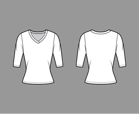 V-neck jersey sweater technical fashion illustration with elbow sleeves, close-fitting shape. Flat outwear apparel template front back white color. Women, men unisex shirt top CAD mockupのイラスト素材