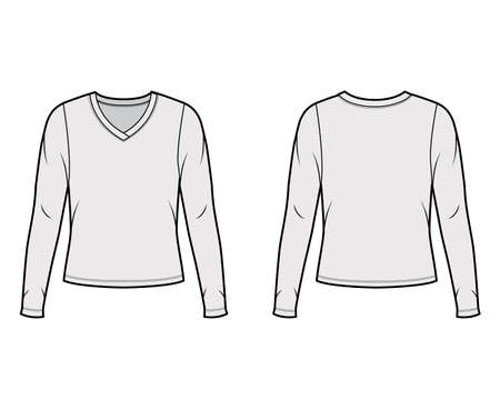 V-neck jersey sweater technical fashion illustration with long sleeves, oversized body. Flat outwear apparel template front back grey color. Women men unisex shirt top CAD mockupのイラスト素材