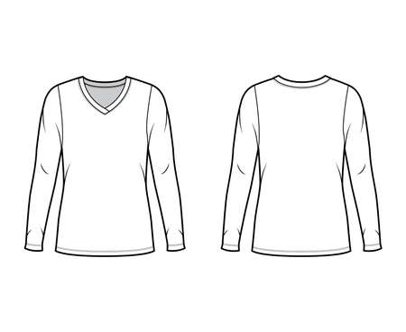V-neck jersey sweater technical fashion illustration with long sleeves, oversized body, tunic length. Flat outwear apparel template front back white color. Women men unisex shirt top CAD mockupのイラスト素材
