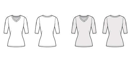 V-neck jersey sweater technical fashion illustration with elbow sleeves, close-fitting shape, tunic length. Flat outwear apparel template front back white grey color. Women men unisex top CAD mockupのイラスト素材