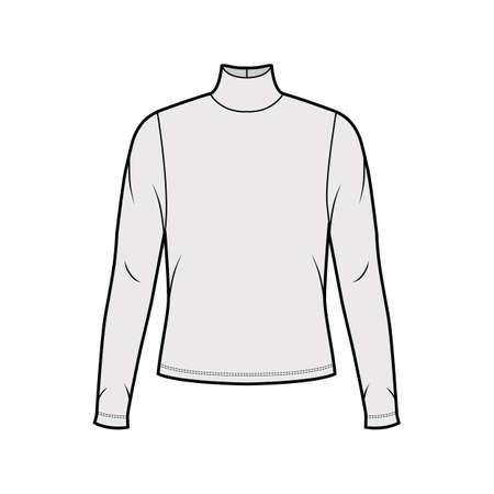 Turtleneck jersey sweater technical fashion illustration with long sleeves, oversized body. Flat outwear apparel template front grey color. Women men unisex shirt top CAD mockupのイラスト素材