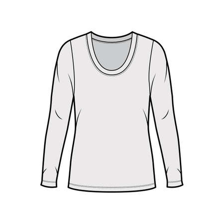 Scoop neck jersey sweater technical fashion illustration with long sleeves, oversized body, tunic length. Flat shirt apparel template front grey color. Women men unisex outfit top CAD mockupのイラスト素材