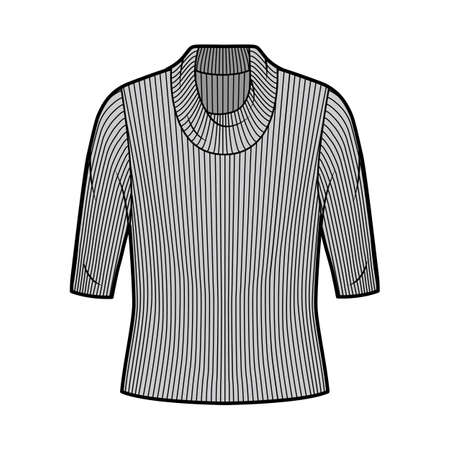 Ribbed cowl turtleneck knit sweater technical fashion illustration with elbow sleeves, oversized body. Flat sweater apparel template front, grey color. Women, men unisex shirt top CAD mockupのイラスト素材