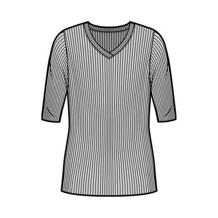 Ribbed V-neck knit sweater technical fashion illustration with elbow sleeves, oversized body, tunic length. Flat outwear apparel template front, grey color. Women, men unisex shirt top CAD mockupのイラスト素材