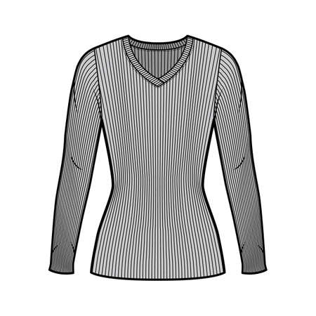 Ribbed V-neck knit sweater technical fashion illustration with long sleeves, close-fitting shape tunic length. Flat outwear apparel template front grey color. Women men unisex shirt top CAD mockupのイラスト素材