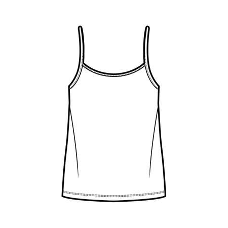 Camisole top technical fashion illustration with oversized body, bonded strap scoop neck. Flat cami shirt apparel template front, white color. Women, men unisex CAD mockupのイラスト素材