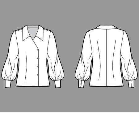 Blouse technical fashion illustration with oversized collar, body, long bishop sleeves, double breasted. Flat apparel template front back white color. Women, men unisex CAD garment mockup for designerのイラスト素材