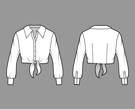 Cropped tie-front shirt technical fashion illustration with oversized collar and long sleeves. Flat apparel blouse template front back, white color. Women, men and unisex top CAD mockupのイラスト素材