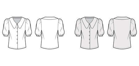 Scalloped collar shirt technical fashion illustration with elbow puff sleeve, front button-fastening, loose silhouette. Flat blouse apparel template front back white grey color. Women, men unisex topのイラスト素材