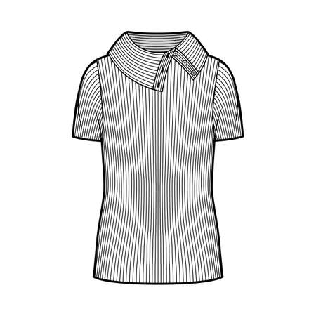 Wide button-up turtleneck ribbed-knit sweater technical fashion illustration with short rib sleeves, oversized tunic length. Flat sweater apparel template front white color. Women men unisex shirt topのイラスト素材
