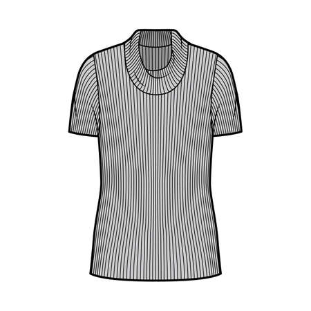Ribbed cowl turtleneck knit sweater technical fashion illustration with short rib sleeves, oversized body tunic length. Flat outwear apparel template front white color. Women men unisex shirt top CADのイラスト素材